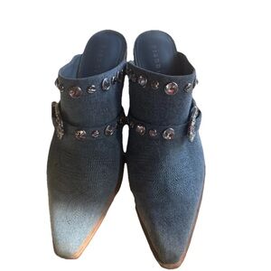 Studded Blue denim Mule Heels with Rhinestone Buckled